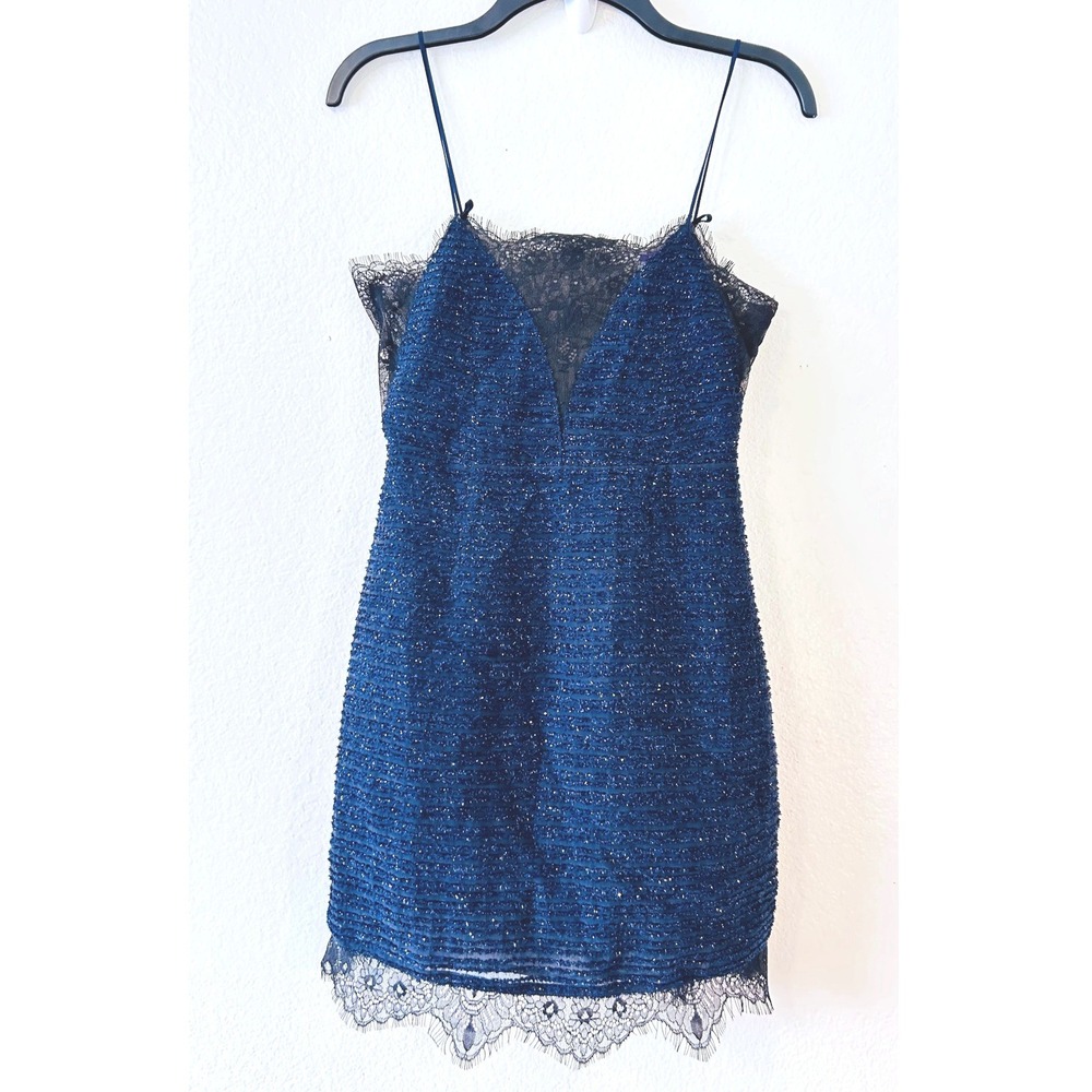 X BY NBD Navy Blue Metallic Lace Trim Mini Dress Sparkly Cocktail Size 2